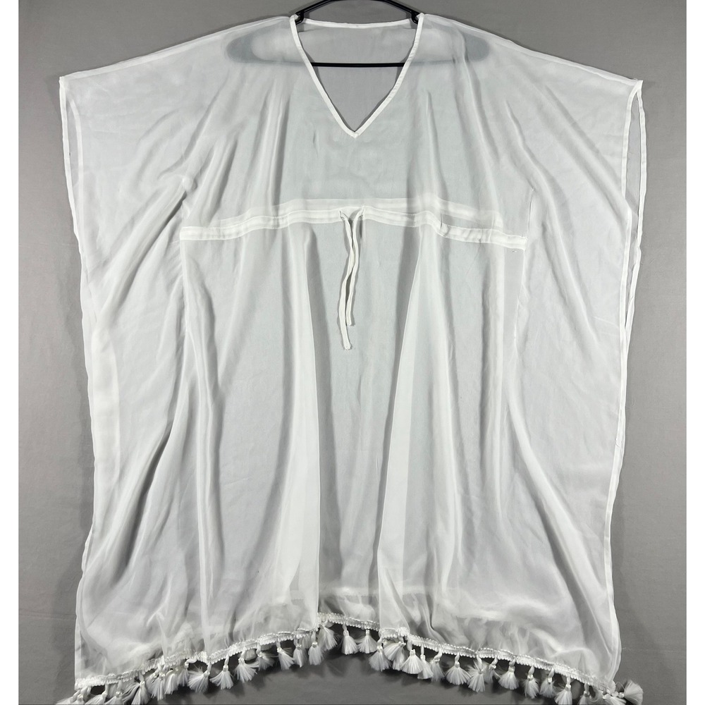 Tavik Women White Sheer Tassel Kaftan Beach Swim Cover Up V-Neck Drawstring OS - Picture 2 of 8